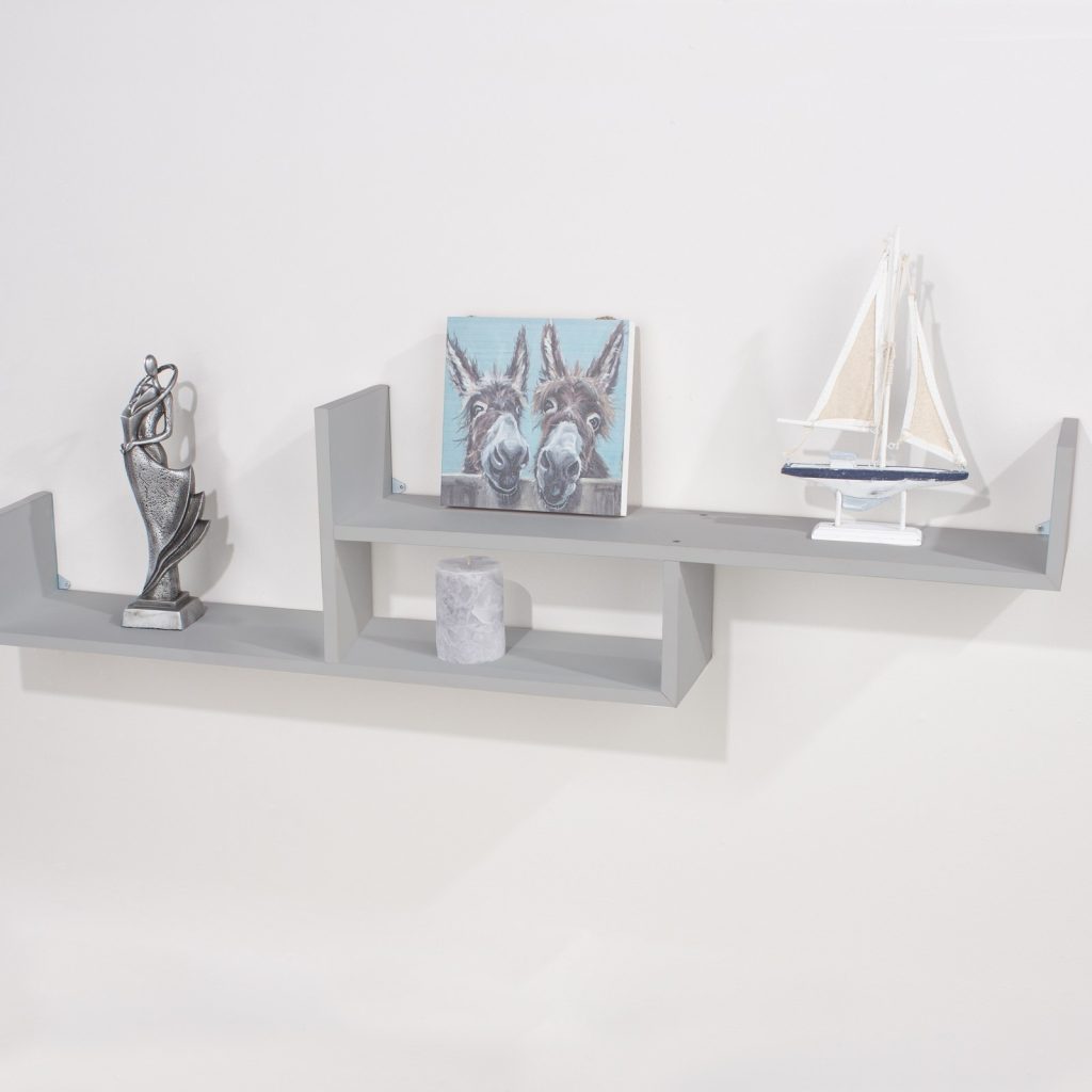 Light Grey 115cm Floating Two Tier Wall Shelf [Tweed]
