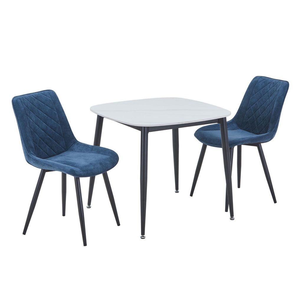 Gloss White Square Table & 2 Blue Fabric Chairs [Aspen]