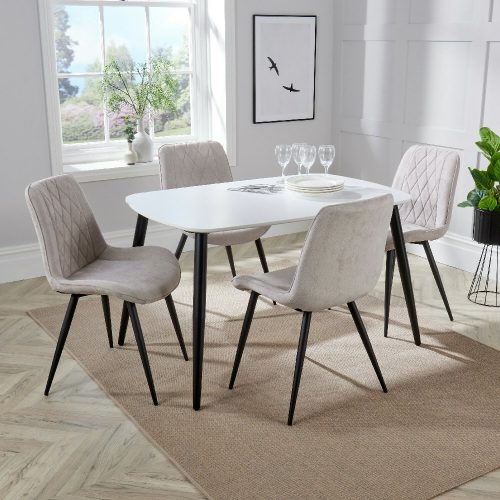 White Rectangle Table & 4 Natural Fabric Chairs [Aspen]
