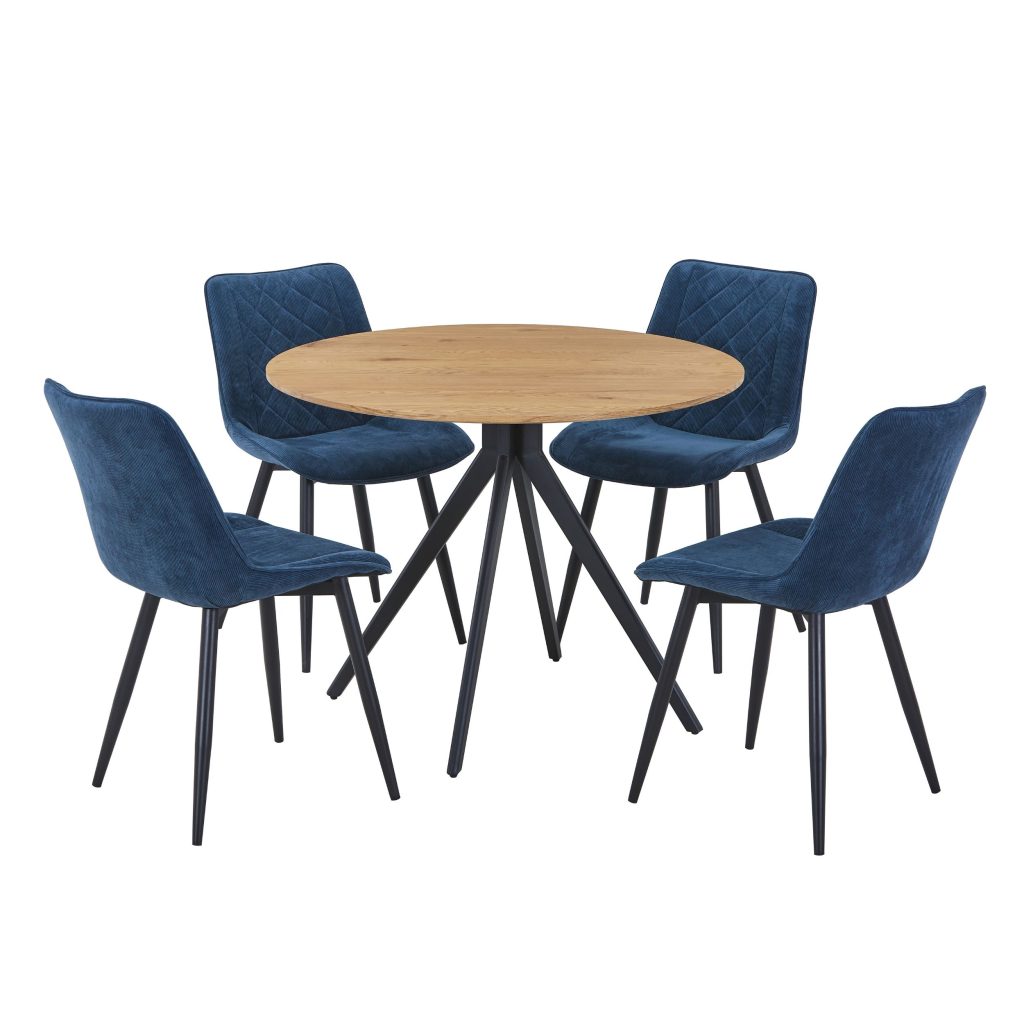 Light Oak Round Table & 4 Blue Fabric Chairs [Aspen]