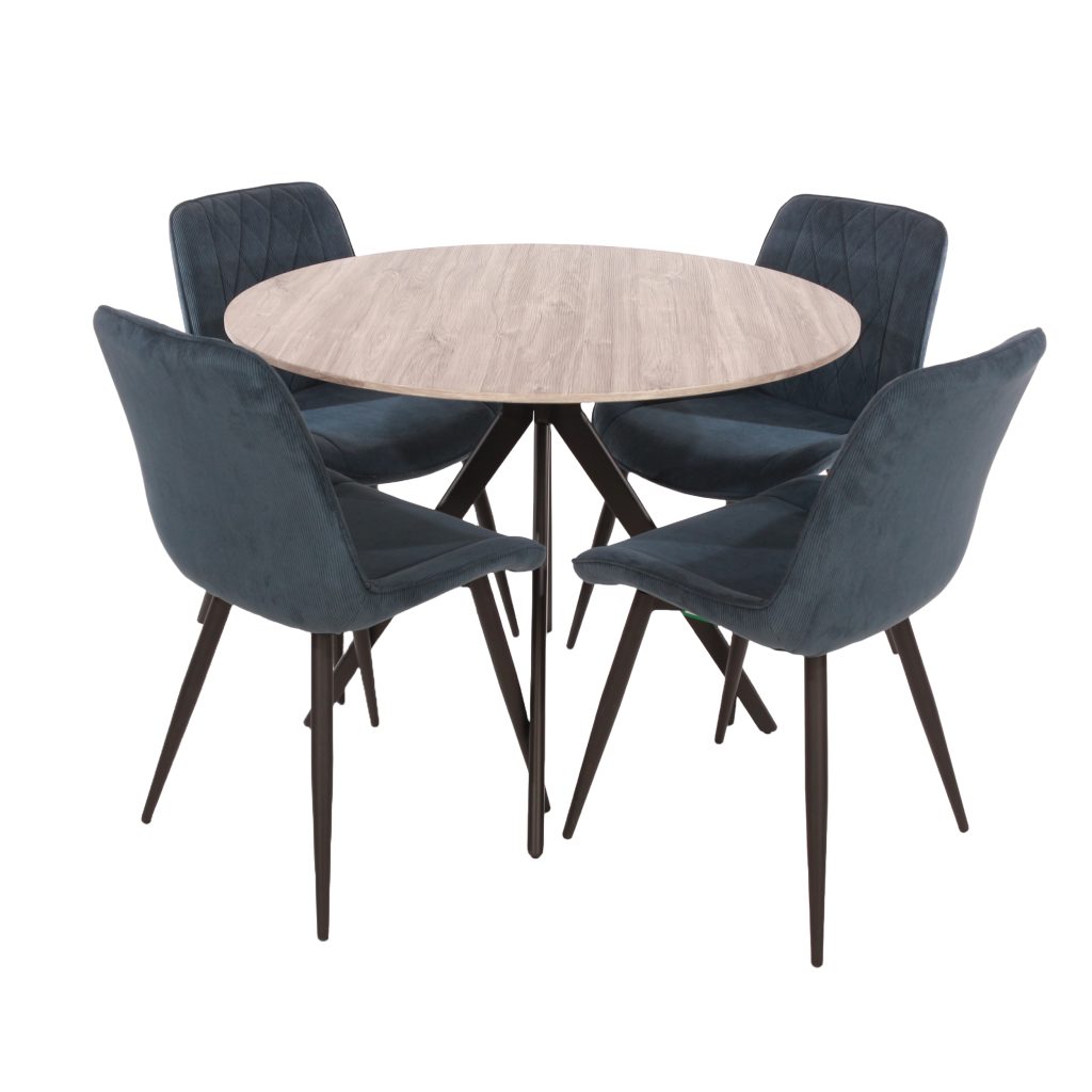 Grey Oak Round Table & 4 Blue Fabric Chairs [Aspen]