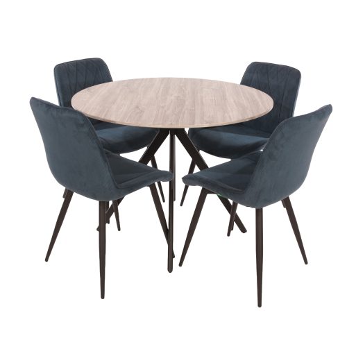 Grey Oak Round Table & 4 Blue Fabric Chairs [Aspen]