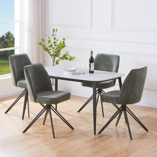 Gloss White Rectangle Table & 4 Swivel Dining Chairs, Green Cord Fabric [Aspen]