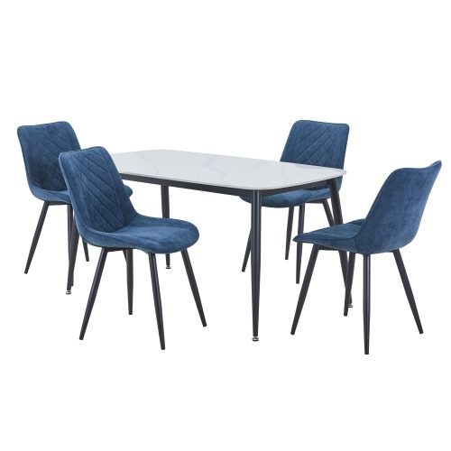 Gloss White Rectangle Table & 4 Blue Fabric Chairs [Aspen]