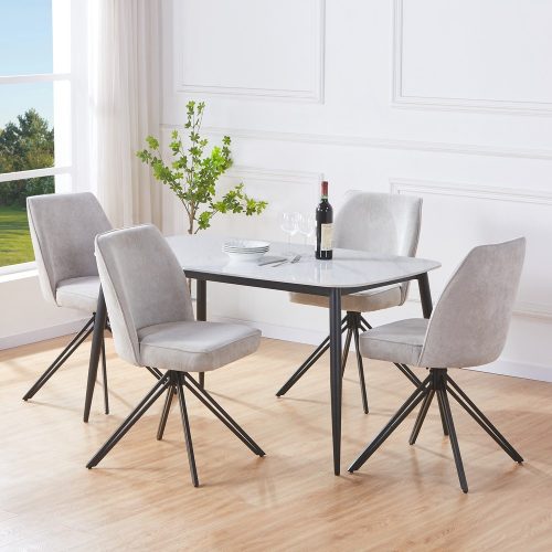 Gloss White Rectangle Table & 4 Swivel Dining Chairs, Light Grey Cord Fabric [Aspen]