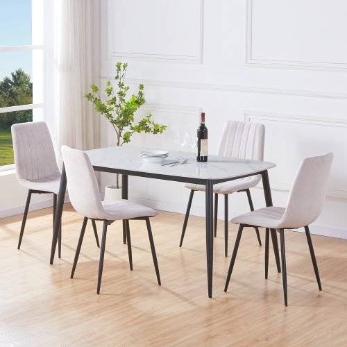 Gloss White Rectangle Table & 4 Natural Fabric Chairs [Aspen]